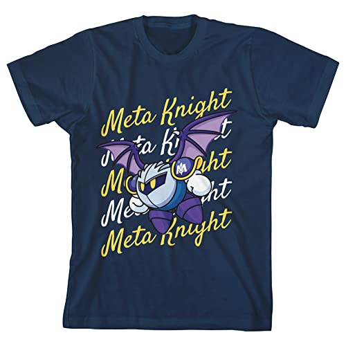 Kirby Meta Knight Flying with Repeat Text Boy's Navy Blue T-Shirt-Small