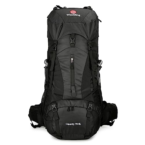 WintMing 75L Hiking Backpack with Rain Cover Waterproof Camping Backpack Shoes Warehouse for Men Women, Frameless (black)