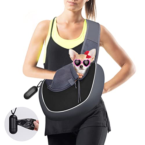 Nobleza Dog Sling Carrier, Mesh Adjustable Pet Sling Hand Free Puppy Sling Carrier for Small Medium Dog Cat Rabbit (L (up to 10 lbs), Gray Black)