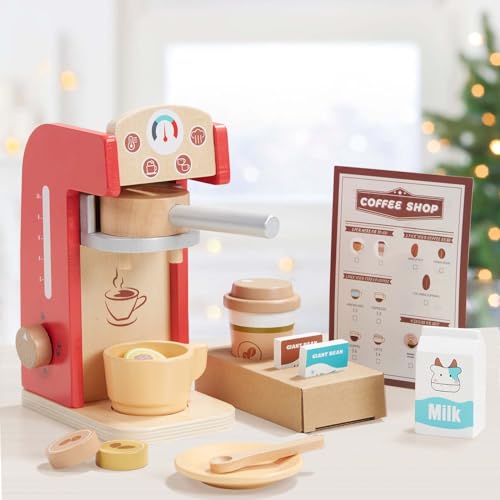 Giant Bean Wooden Coffee Maker Set Toy for Kids, 13 pcs Play Kitchen Accessories, Pretend Playset for Kids-Fun, Gifts for Boys and Girls