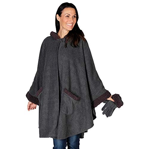 Le Moda Women’s Hooded Tonal Sherpa Trimmed Wrap with Matching Gloves | Winter Collection | One Size Fits All (ONE SIZE, CHARCOAL)