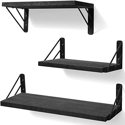 BAYKA Wall Shelves for Bedroom Decor, Floating Shelves for Wall Storage, Wall Mounted Rustic Wood Shelf for Books,Plants,Small Wall Shelf for Bathroom,Kitchen,Living Room(Black，Set of 3)