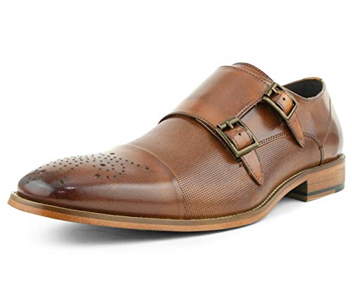 Asher Green AG1101 - Men's Dress Shoes, Formal Mens Shoes - Genuine Calf Leather Shoes for Men - Cap Toe Double Monk Strap - Color: Tan Cognac, Size: 10.5