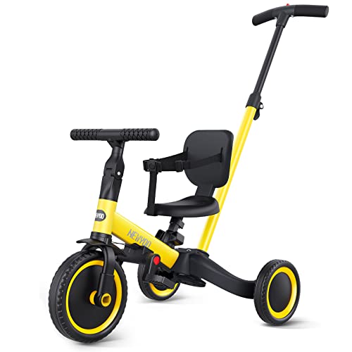 newyoo 5 in 1 Toddler Tricycle with Parent Steering Push Handle for 1,2,3 Years Old Boys and Girls, Kids Push Trike, Toddler Bike with Removable Pedals, Adjustable Seat and Handle, Yellow