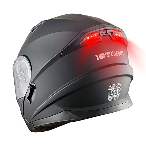 1Storm New Motorcycle Bike Modular Full Face Helmet Dual Visor Sun Shield with LED Tail Light: Matt Black