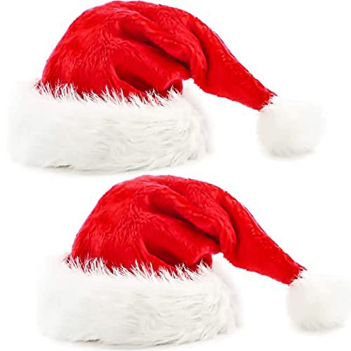 2pcs Santa Hats Set for Adult Red Fluffy Christmas Santa Hat for Adults Men Women with Plush Brim and Comfort Liner for Christmas Stocking Stuffer Gift New Year Party Supplies