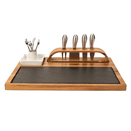 Zelancio Slate Cheese Board Set - 12-Piece Charcuterie Set Includes 4 Stainless Steel Cheese Knives, Bigger Acacia Serving Tray with Slate Board, and Wood Tool Holder