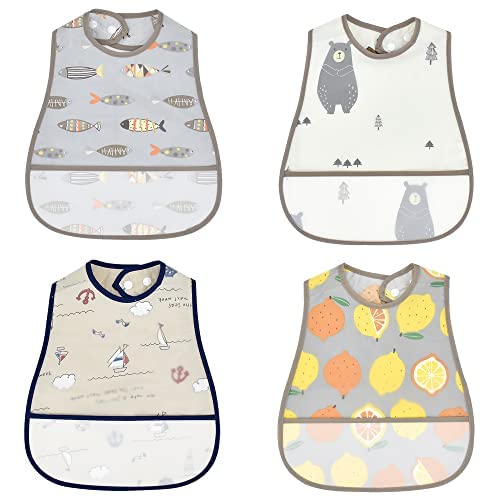 4 Pack Baby Bib Waterproof bibs Stain Oil and Odor Resistant with Crumb Catcher Pocket Wipe-Off Bib Fits Babies and Toddlers 6-24 Months