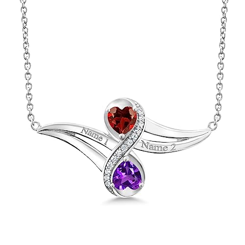 Gem Stone King 925 Sterling Silver Customized and Personalized Engraved Gemstone Birthstone 2 Heart Shape Pendant Necklace Promise Love Jewelry For Women with 18 Inch Silver Chain