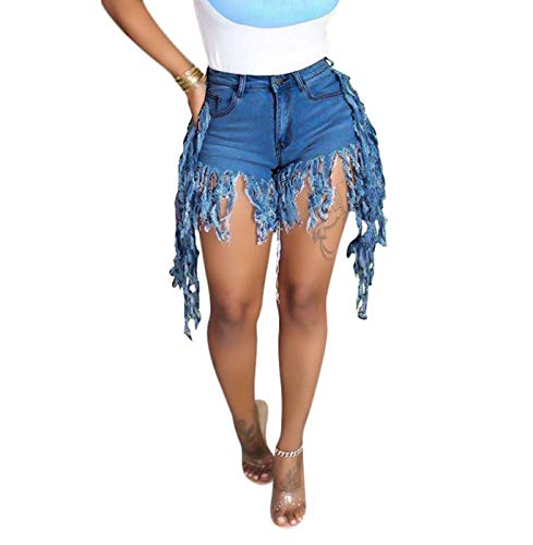 SIAEAMRG Jean Shorts for Women Juniors, Summer High Waisted Stretchy Frayed Raw Hem Tassels Denim Shorts (Blue, XL)