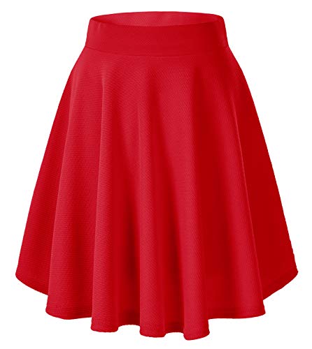 Urban CoCo Women's Basic Versatile Stretchy Flared Casual Midi Skater Skirt (Medium, Red)