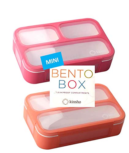 kinsho MINI Bento Box for Kids Small Lunch-Boxes for Girls Boys | Leakproof Toddler Snack Containers for Pre-School Baby Day-Care or Adults | BPA Free 3 Compartments | Pink Coral - Orange