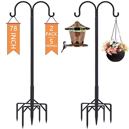 Bird Feeder Pole,Double Shepherds Hooks for Outdoor,5 Base Prongs Adjustable Bird Feeder Stand for Hanging Heavy Duty Bird Feeder,Plant Baskets,Garden Plant Hanger Stands(78Inch,2Pack)