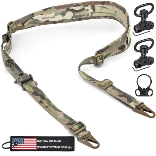 WarBull 2 Point Sling Quick Adjust, QD Swivel Rifle Sling with HK Hook, Soft Shoulder Pad Gun Sling for Rifle, Shotgun, and Crossbow for Hunting and Outdoor Sports with Keychain Gift (Multicamo)