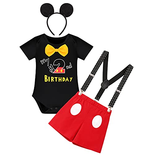 Gentleman Mouse 2nd Birthday Outfit Boys Cake Smash Photo Props for Toddler Kid Baby Romper Suspenders Shorts Bloomers Headband Halloween Second Mouse Themed Birthday Party Supplies Black 2-3 Years