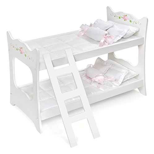 Badger Basket Toy Doll Bunk Bed with White Bedding and Ladder for 20 inch Dolls - White Rose