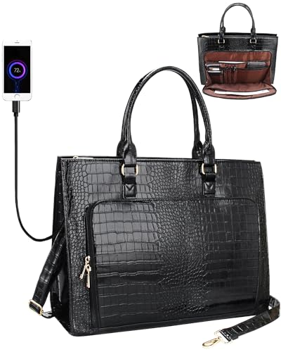 Laptop Bag for Women 17.3 inch Laptop Tote Bag Professional Business Office Work Bag Waterproof Croc-Printed PU Stylish Briefcase Computer Tote Bag Large Laptop Bag