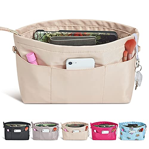Vercord Premium Nylon Purse Organizer Tote Handbag Insert Organizers Bag in Bag Zipper 13 Pockets Beige Medium