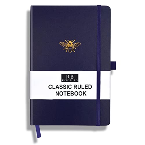 RICCO BELLO Classic College Ruled Notebook | Faux Leather Hardcover Lined Writing Journal for Work, Home, School | 192 Lined Pages, 5.7 x 8.4-Inches (Navy Bee)