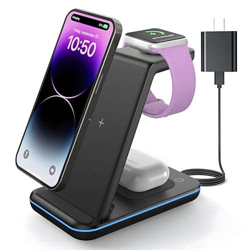 JoyGeek 3 in 1 Wireless Charging Station for Apple, Wireless Charger Stand for iPhone 15/14/13/12/11/SE/X/8 Pro Max Plus Mini, Charging Dock for Apple Watch Ultra/8/SE/7/6/5/4/3, AirPods Pro 2/3/2