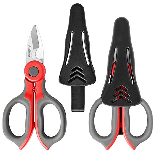Asdirne 2 Pack Electrician Scissors, Heavy Duty Stainless Steel Sharp Blades and Soft Rubber Grip, Electrician Shears with Protective Cover, 6.1 Inch (Gray/Red)