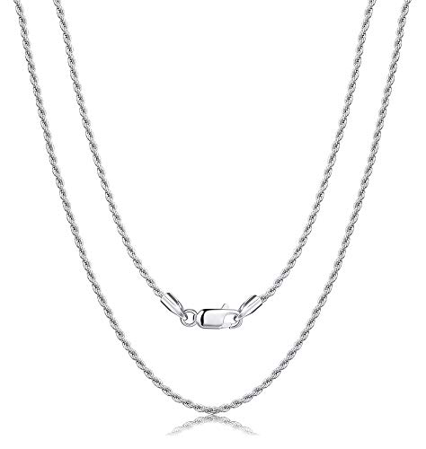 MILACOLATO 925 Sterling Silver 1.35MM Rope Chain Necklace for Women Men White Gold Plated Durable Italian Silver Necklace Chain Jewelry - Lobster Claw Clasp 16/18/20/22/24 Inches