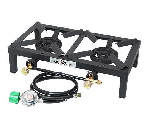 COOKAMP Propane Double Burner Angle Iron Camp Stove with CSA Listed Regulator and 4ft Hose (SA2200)