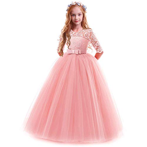 Spring Flower Girl Wedding Bridesmaid 3/4 Sleeves Kids Floral Lace Pageant Communion Princess Dress Prom Evening Dance Gown Pink 3-4 Years