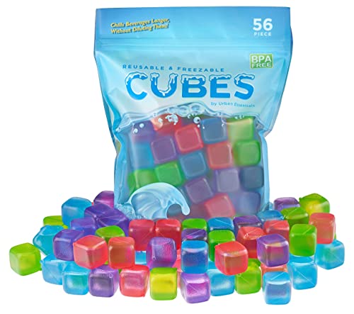 Urban Essentials Reusable Ice Cubes - Quick Freeze Colorful Plastic Square Ice cubes With Resealable Bag Assorted Colors Pack Of 56