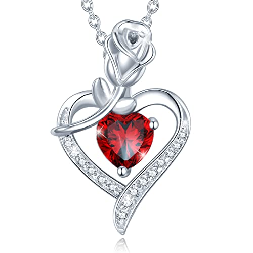 Agvana January Birthstone Jewelry Garnet Necklace Christmas Gifts for Women Sterling Silver Rose Flower Heart Pendant Necklace Fine Jewelry Anniversary Birthday Gifts for Women Girls Mom Wife Lady Her
