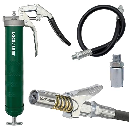 LockNLube Heavy Duty Pistol-Grip Grease Gun. Includes our patented LockNLube Grease Coupler (locks on, stays on, won't leak!) plus a high-quality 20' hose and in-line hose swivel.