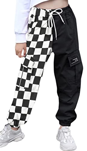 SANGTREE Women's Cargo Pants Elastic Waist Drawstring Tapered Jogger Pants with Pockets for Women,Colorblock-Black White Checked,M