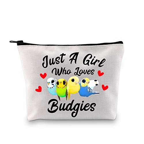 G2TUP Budgie Lover Gift Who Loves Budgies Makeup Bag Budgie Mom Cosmetic Bag Parakeet Pet Bird Lover Gift for Budgerigar Girls Women (Who Loves Budgies White Bag)