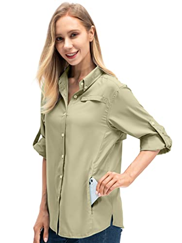 Women's Quick Dry Sun UV Protection Convertible Long Sleeve Shirts for Hiking Camping Fishing Sailing (5024 Dark Khaki XXL)