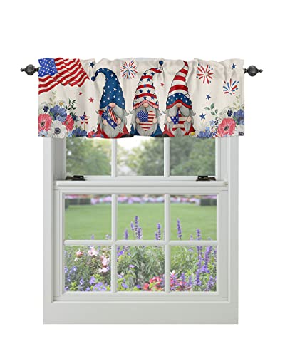 4th of July Windows Valances Curtain USA Flag Gnome Independence Day Valances Rod Pocket Poppy Patriotic Stars Window Curtain Treatment Short Topper Curtains for Kitchen Bathroom Living Room 54x18 in