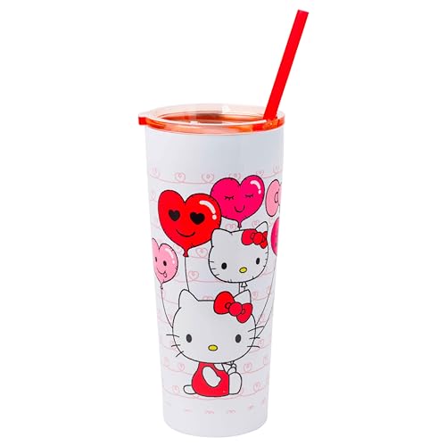Silver Buffalo Sanrio Hello Kitty Heart Balloons Double Walled Stainless Steel Tumbler with Straw, 22 Ounces