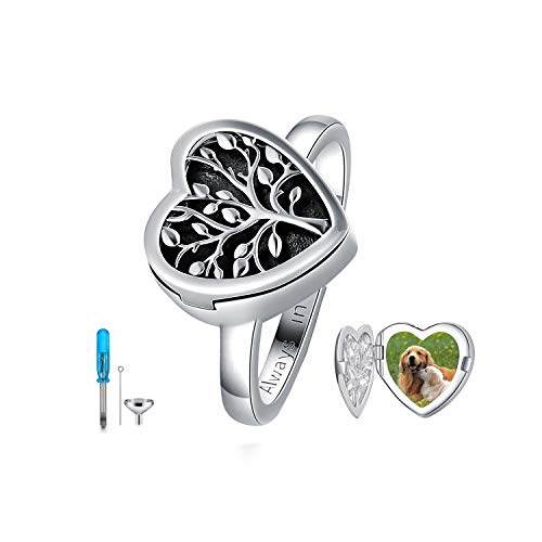 LONAGO Tree of Life Ring for Ashes Cremation Keepsake Heart Family Tree Ring Hold Picture Memorial Ashes Ring