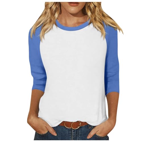 Women 3/4 Sleeve Top Summer Casual Versatile Raglan Shirt Round Neck Casual Shirt Top Running Workout (Light Blue-C, M)