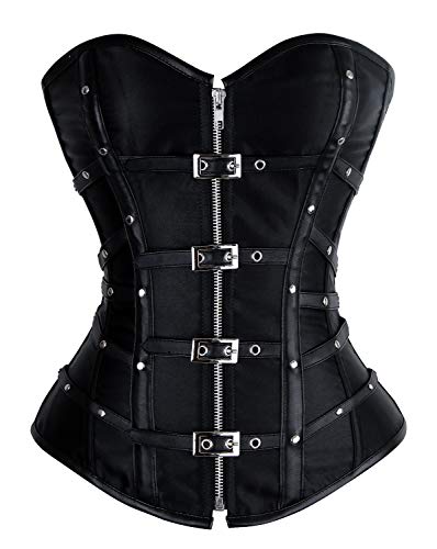 Charmian Women's Gothic Punk Satin Boned Zipper Overbust Corset Top with Buckles Black XXXXX-Large