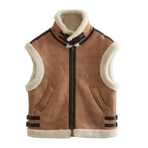Brown Trench Coat Women Lightning Deals Women'S Pockets Shaggy Warm Outerwear Lapel Diagonal Zipper Cotton Loose Warm Vest Contrast Color Sleeveless Jacket