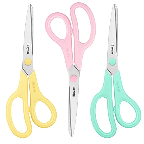 Scissors, iBayam 8' All Purpose Scissors Bulk 3-Pack, Ultra Sharp 2.5mm Thick Blade Shears Comfort-Grip Scissors for Office Desk Accessories Sewing Fabric Home Craft School Supplies, Right/Left Handed