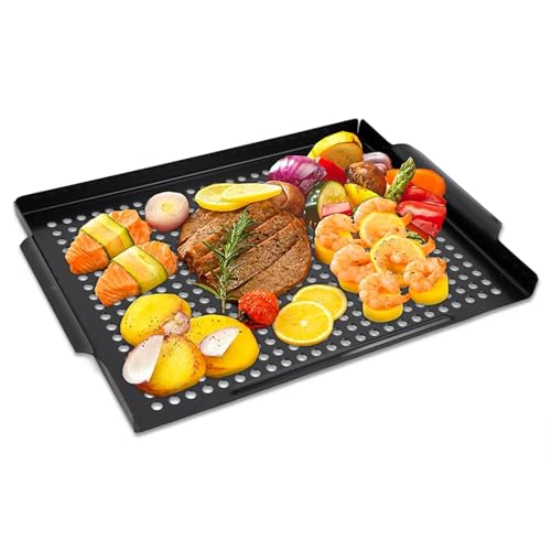 MEHE Vegetable Grill Basket,Nonstick Grilling Topper 14.6 'x11.4 Thicken Grill Pan BBQ Accessory for Grilling Veggie, Fish, Shrimp, Meat, Camping Cookware (No Hand)