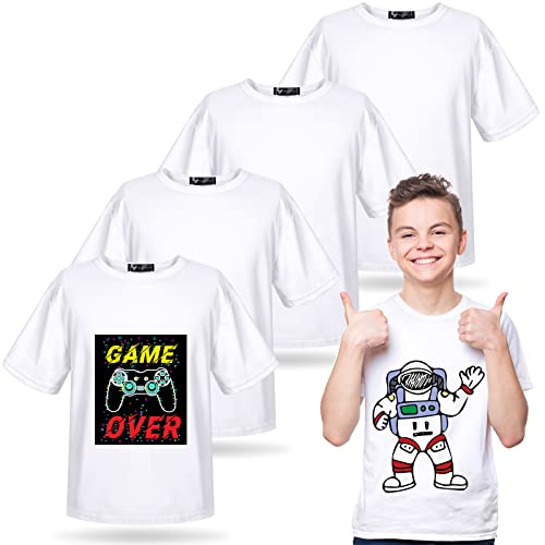 5 Pack Youth Sublimation Blank T Shirt White Polyester Shirts Crew Neck Short Sleeve Sublimation T Shirt (Large)