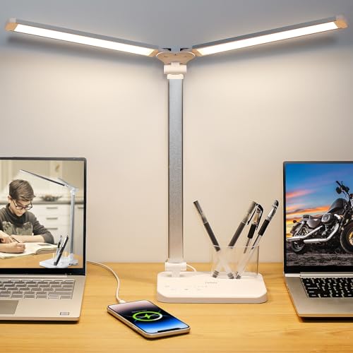 iVict Dual Swing Arm LED Desk Lamps, 5 Light Modes x 10 Brightness Levels Desk Light with USB Charging Port, 45 Minutes Auto Timer Table Lamp, Desk Lamp for Home Office, Bedroom, Reading/Study