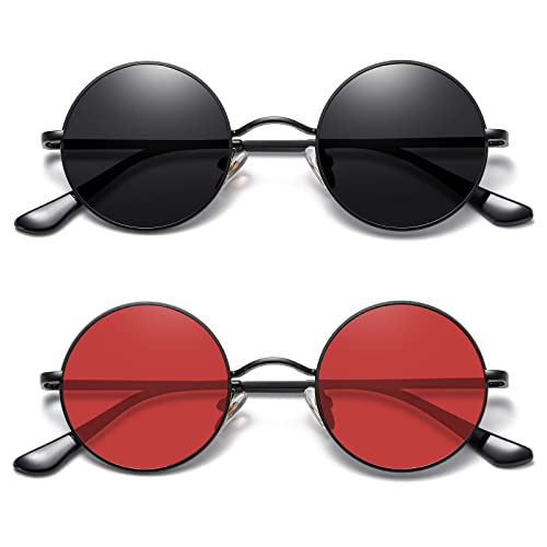 MEETSUN Small Round Sunglasses Polarized for Men Women Retro Vintage Circle Hippie Sun Glasses UV400(Black Gray+ Black Frame Red Lens)