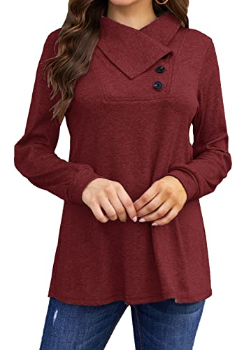 Bluetime Womens Fall Fashion 2022 Long Sleeve Button Up Flare Tunic Tops Shirt Wine XL