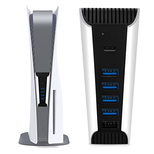 Ankey USB Hub for PS5, 5 Port USB High-Speed Expansion Hub Splitter Charger Extender Compatible with PS5 Playstation 5 Console, 4 USB + 1 USB Charging + 1 Type C Port(White)