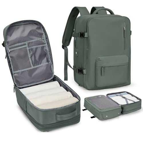 Large Travel Laptop Backpack, Expandable Flight Approved Backpack, Carry on Backpack for Women, Waterproof 17inch Laptop Hiking Backpack with Shoe Compartment, Dark Green