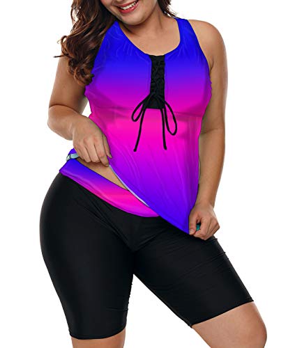 LALAGEN Womens 2024 Plus Size Tankini Swimsuits Rash Guard Capris Athletic Two Piece Swimwear Bathing Suits Blue Purple XXL
