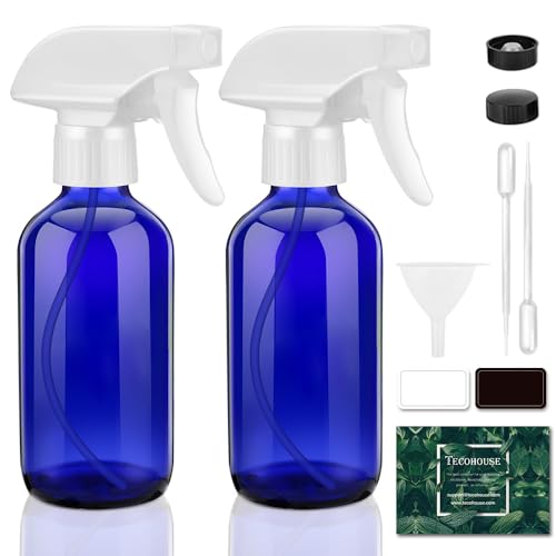 Tecohouse Glass Spray Bottle 8 oz, Blue Small Empty Refillable Sprayer Container with Labels, Funnel, Lids, Graduated Pipettes - Handheld Size